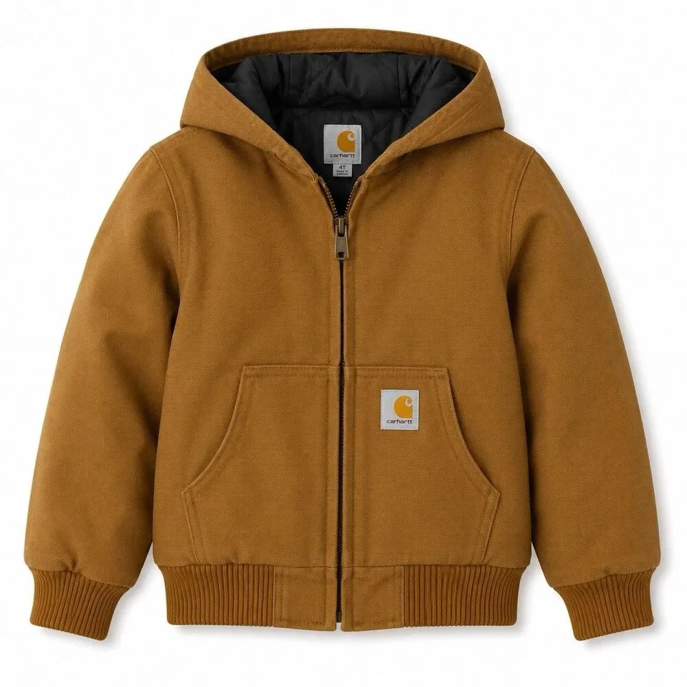 Carhartt Youth XS (6) Brown Duck Canvas Hooded Active Jacket Full Zip Kids Coat